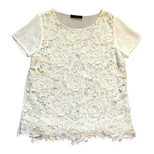 Twin-Set Cream 3D Floral Lace Overlay Short Sleeve Tunic Top Size Large